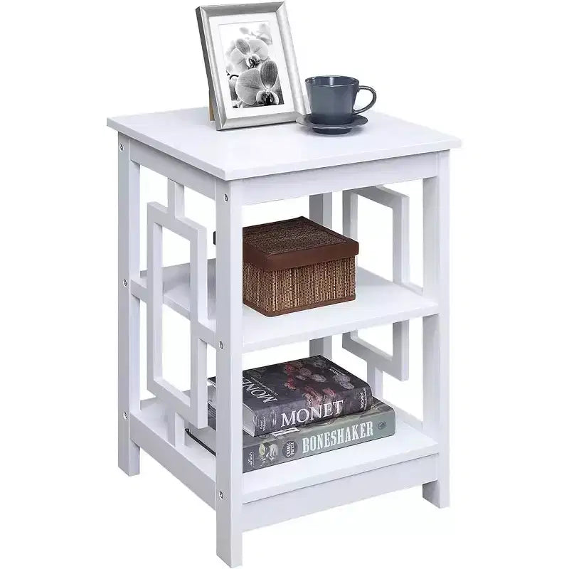 Table d'appoint carrée avec grande surface et deux étagères ouvertes, design de cadre symétrique, table d'appoint en MDF