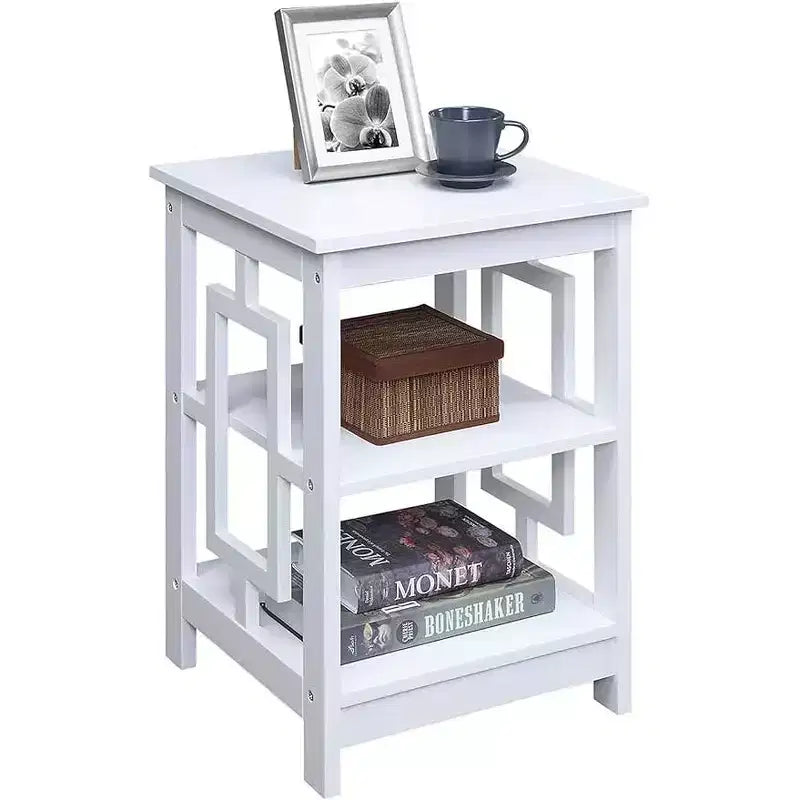 Table d'appoint carrée avec grande surface et deux étagères ouvertes, design de cadre symétrique, table d'appoint en MDF