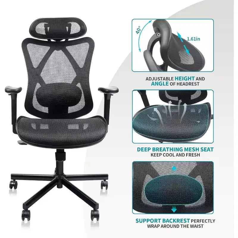 Chaise de bureau ergonomique en maille avec support lombaire, accoudoirs et appuie-tête réglables, chaise pour la maison, le bureau, noir