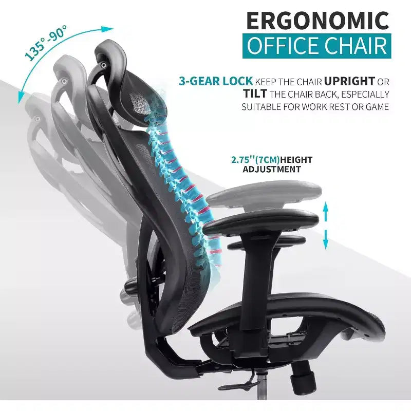 Chaise de bureau ergonomique en maille avec support lombaire, accoudoirs et appuie-tête réglables, chaise pour la maison, le bureau, noir