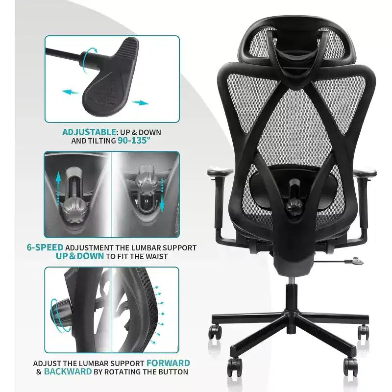 Chaise de bureau ergonomique en maille avec support lombaire, accoudoirs et appuie-tête réglables, chaise pour la maison, le bureau, noir