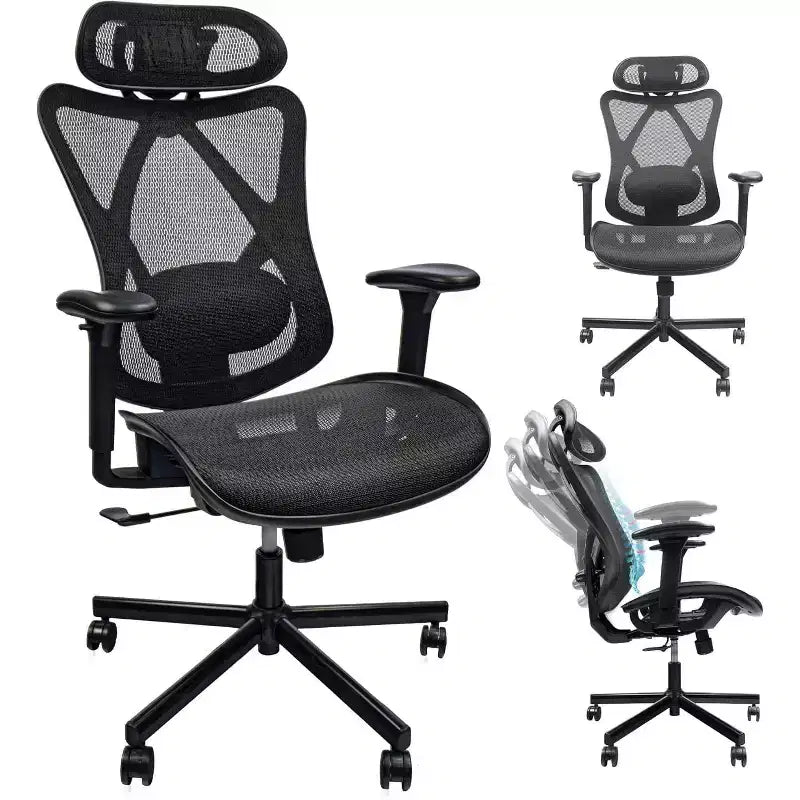 Chaise de bureau ergonomique en maille avec support lombaire, accoudoirs et appuie-tête réglables, chaise pour la maison, le bureau, noir