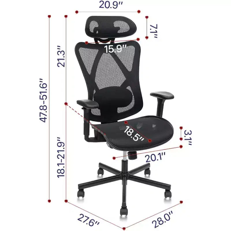 Chaise de bureau ergonomique en maille avec support lombaire, accoudoirs et appuie-tête réglables, chaise pour la maison, le bureau, noir