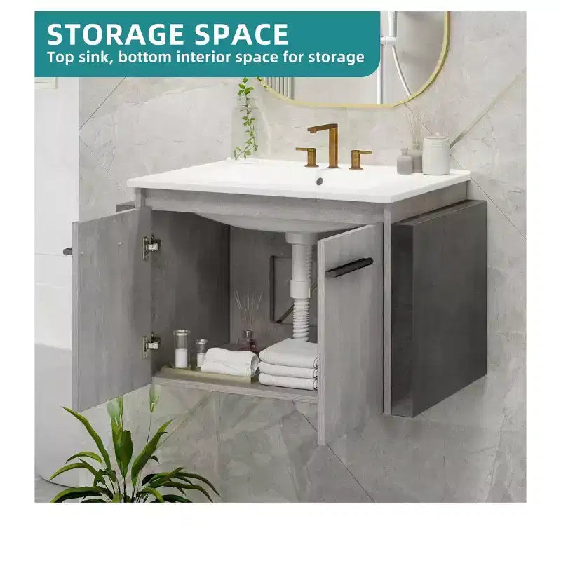 Meuble-lavabo de salle de bain 24 po avec lavabo en céramique Armoire de lavabo murale combinée Meuble de rangement moderne pour salle de bain Meuble de rangement moderne