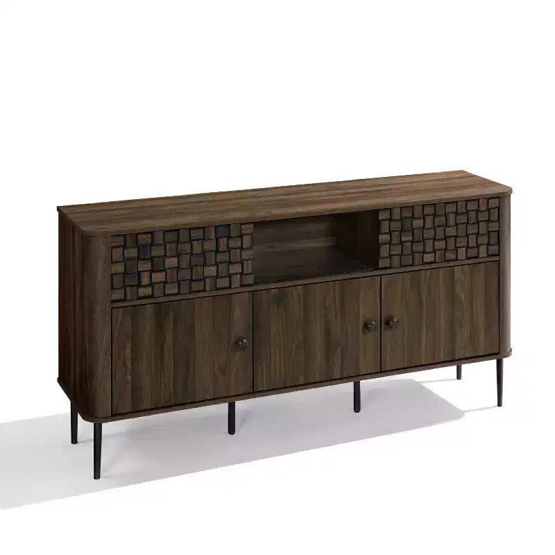 Bahut en bois manufacturé chêne foncé avec motif tressé, 3 portes et 2 portes coulissantes