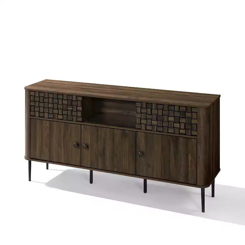 Bahut en bois manufacturé chêne foncé avec motif tressé, 3 portes et 2 portes coulissantes
