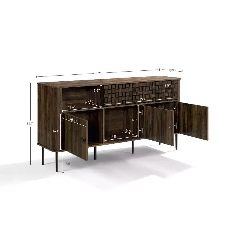 Bahut en bois manufacturé chêne foncé avec motif tressé, 3 portes et 2 portes coulissantes