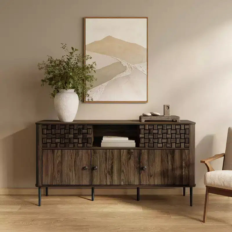 Bahut en bois manufacturé chêne foncé avec motif tressé, 3 portes et 2 portes coulissantes