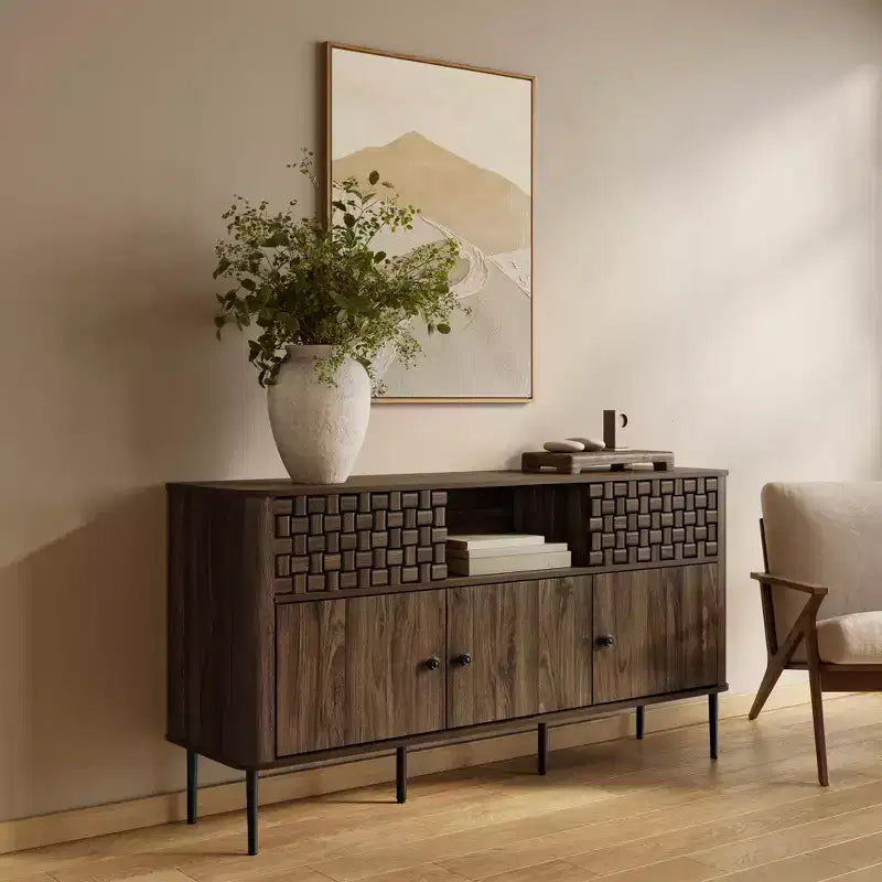 Bahut en bois manufacturé chêne foncé avec motif tressé, 3 portes et 2 portes coulissantes