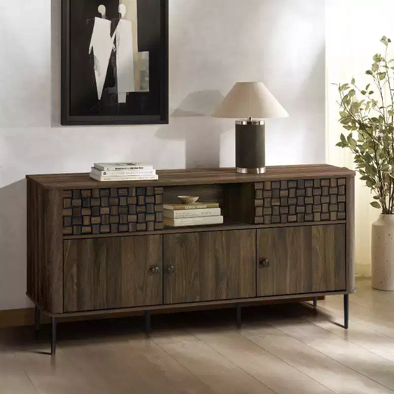 Bahut en bois manufacturé chêne foncé avec motif tressé, 3 portes et 2 portes coulissantes