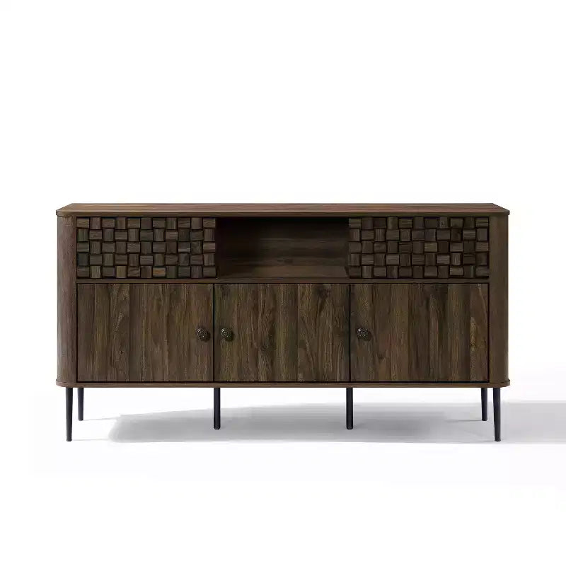 Bahut en bois manufacturé chêne foncé avec motif tressé, 3 portes et 2 portes coulissantes