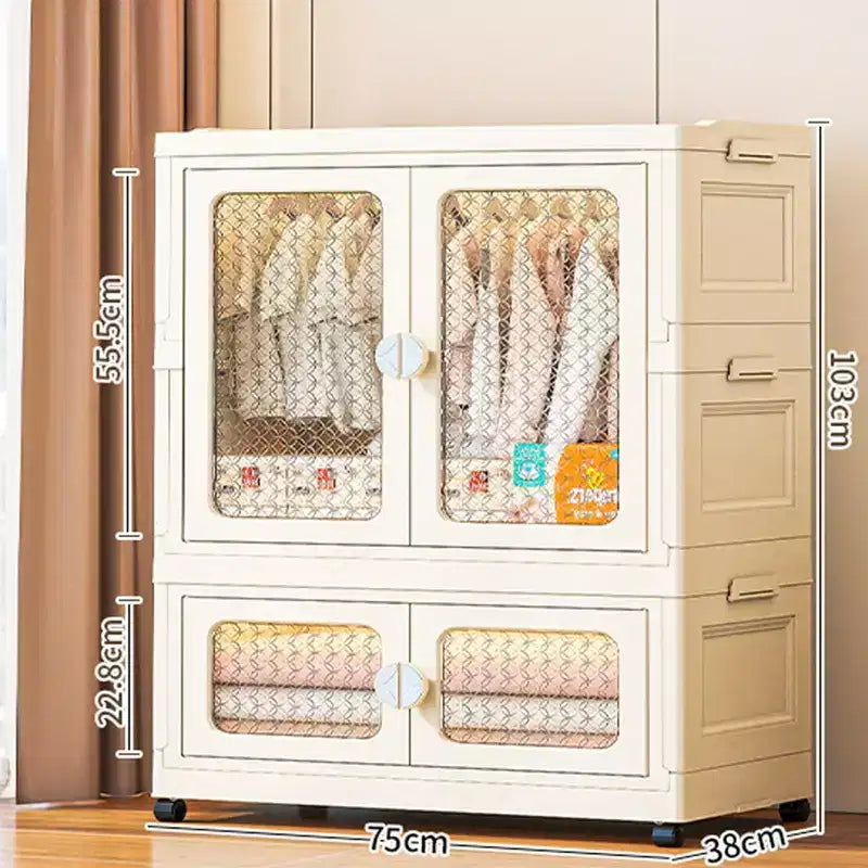 Placard pour chien de rangement empilable avec couvercle pour salonBacs de rangement pliables avec roues, placard à 2 niveaux avec portes transparentes