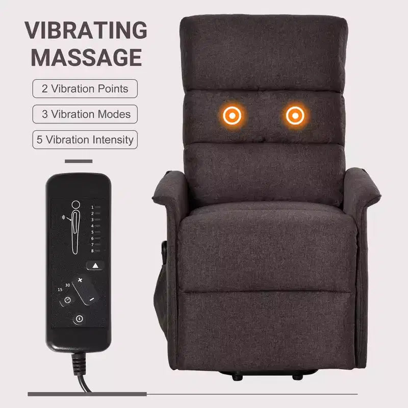 Fauteuil élévateur électrique avec massage vibrant, fauteuil inclinable rembourré en tissu pour personnes âgées avec télécommande et poches latérales, marron