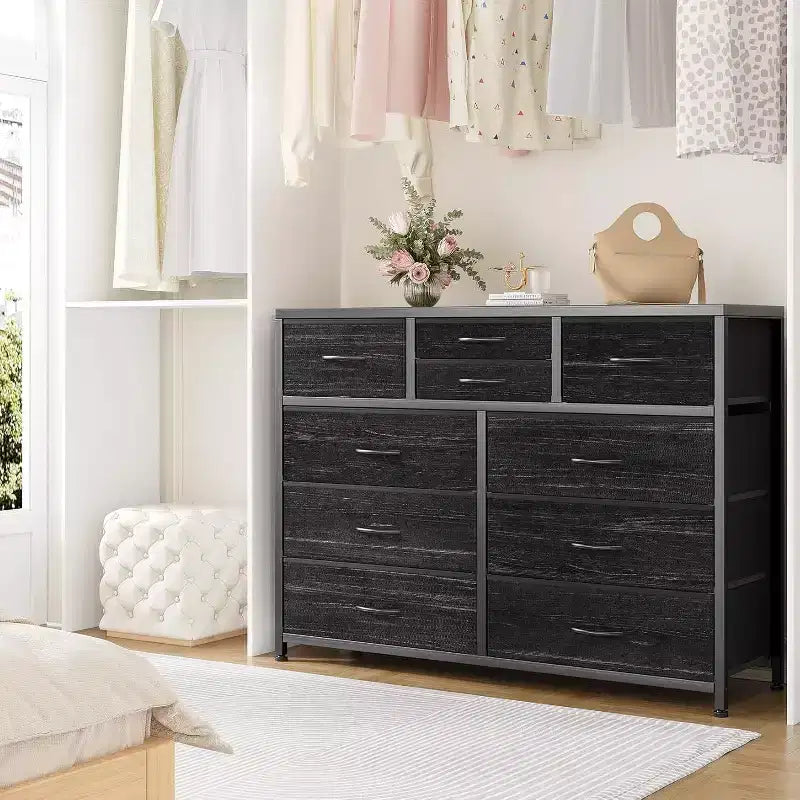 Commode à 10 tiroirs en tissu moderne, meuble de rangement avec plateau en bois et cadre en acier pour chambre à coucher ou couloir