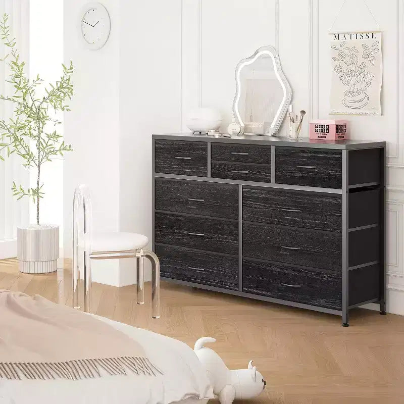 Commode à 10 tiroirs en tissu moderne, meuble de rangement avec plateau en bois et cadre en acier pour chambre à coucher ou couloir