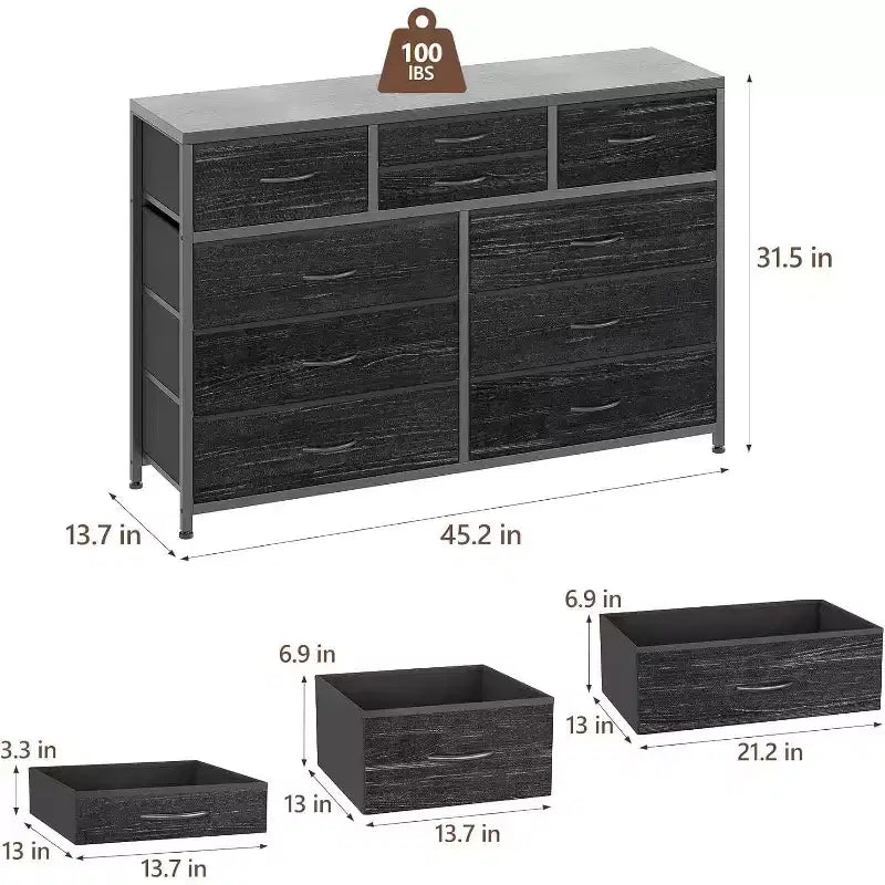 Commode à 10 tiroirs en tissu moderne, meuble de rangement avec plateau en bois et cadre en acier pour chambre à coucher ou couloir