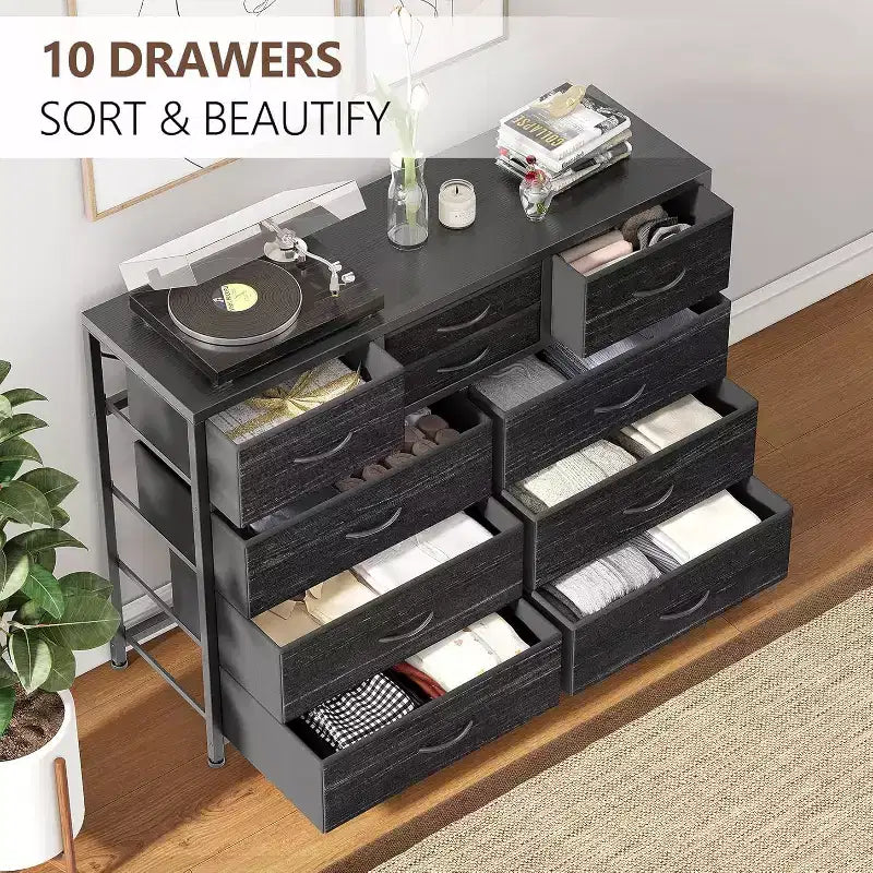 Commode à 10 tiroirs en tissu moderne, meuble de rangement avec plateau en bois et cadre en acier pour chambre à coucher ou couloir