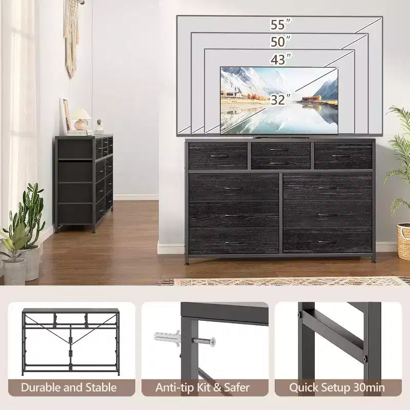 Commode à 10 tiroirs en tissu moderne, meuble de rangement avec plateau en bois et cadre en acier pour chambre à coucher ou couloir