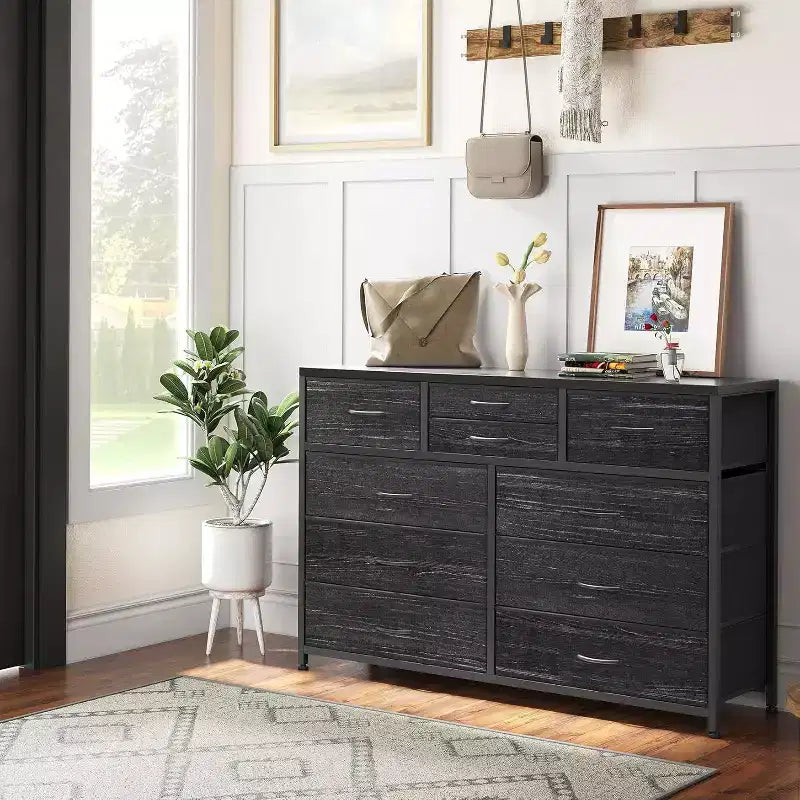 Commode à 10 tiroirs en tissu moderne, meuble de rangement avec plateau en bois et cadre en acier pour chambre à coucher ou couloir