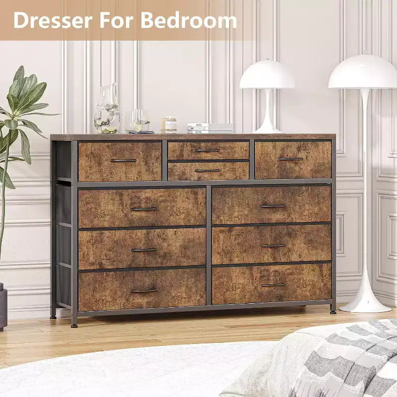Commode à 10 tiroirs en tissu moderne, meuble de rangement avec plateau en bois et cadre en acier pour chambre à coucher ou couloir