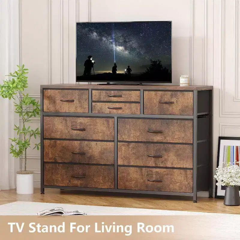 Commode à 10 tiroirs en tissu moderne, meuble de rangement avec plateau en bois et cadre en acier pour chambre à coucher ou couloir