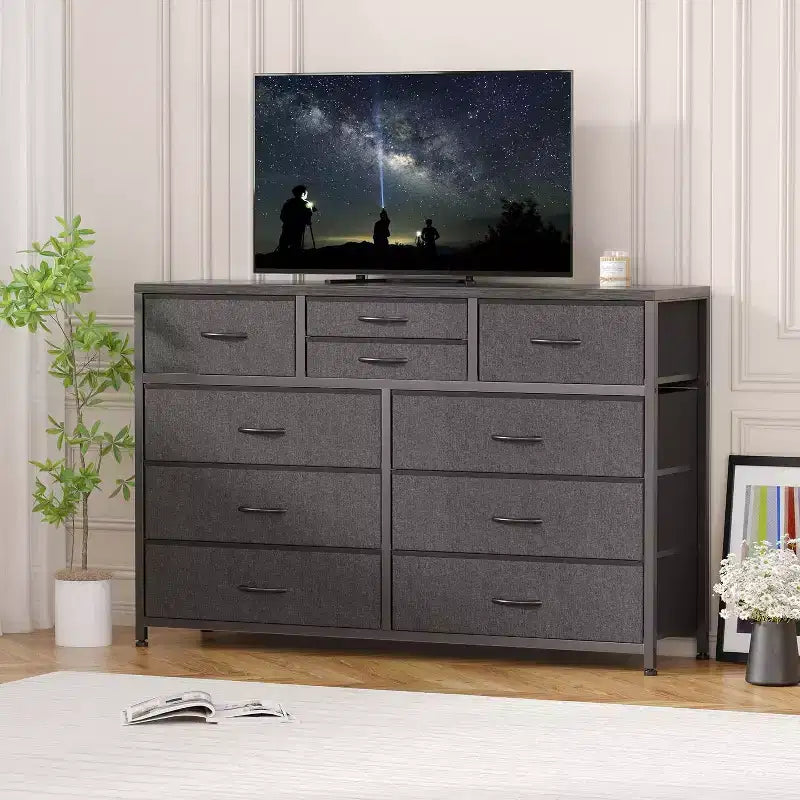 Commode à 10 tiroirs en tissu moderne, meuble de rangement avec plateau en bois et cadre en acier pour chambre à coucher ou couloir