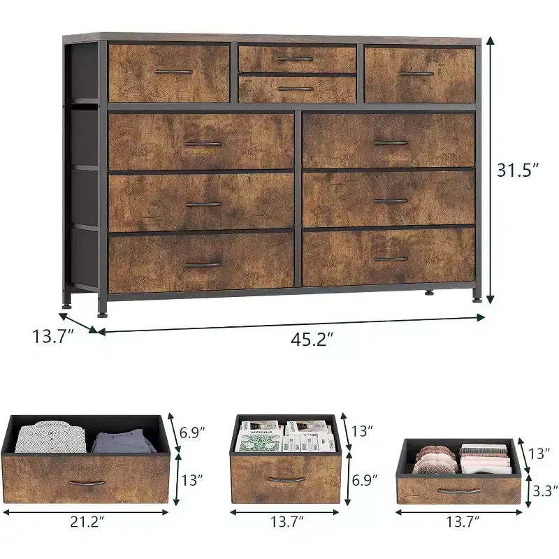 Commode à 10 tiroirs en tissu moderne, meuble de rangement avec plateau en bois et cadre en acier pour chambre à coucher ou couloir