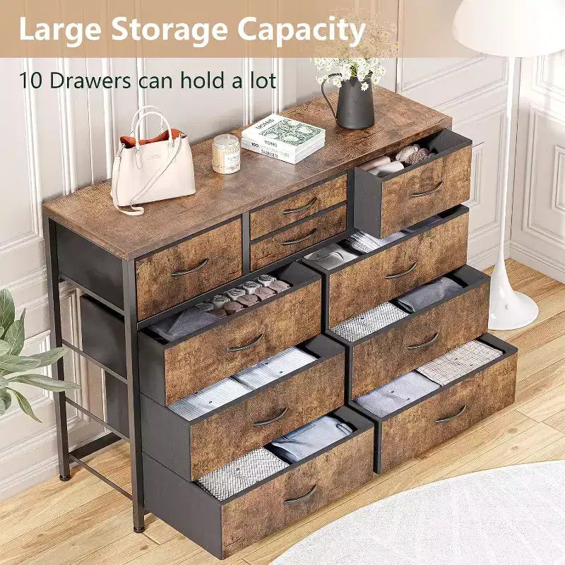 Commode à 10 tiroirs en tissu moderne, meuble de rangement avec plateau en bois et cadre en acier pour chambre à coucher ou couloir