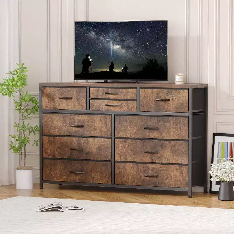 Commode à 10 tiroirs en tissu moderne, meuble de rangement avec plateau en bois et cadre en acier pour chambre à coucher ou couloir