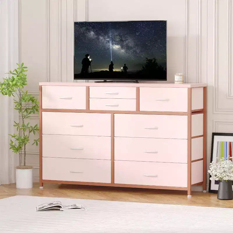 Commode à 10 tiroirs en tissu moderne, meuble de rangement avec plateau en bois et cadre en acier pour chambre à coucher ou couloir