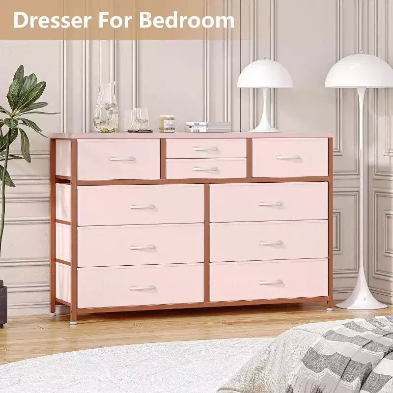 Commode à 10 tiroirs en tissu moderne, meuble de rangement avec plateau en bois et cadre en acier pour chambre à coucher ou couloir
