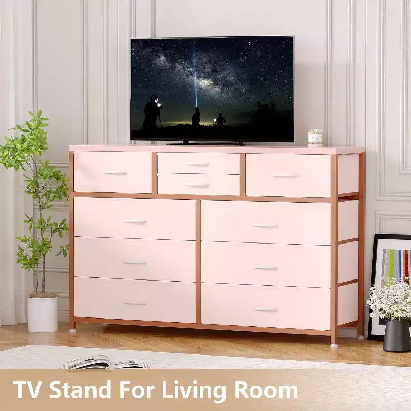 Commode à 10 tiroirs en tissu moderne, meuble de rangement avec plateau en bois et cadre en acier pour chambre à coucher ou couloir