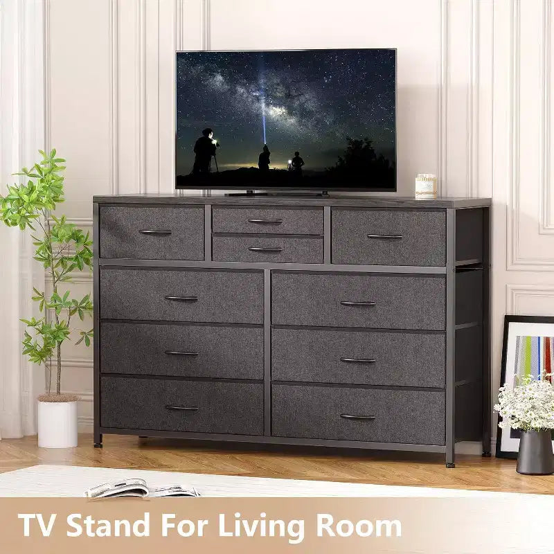Commode à 10 tiroirs en tissu moderne, meuble de rangement avec plateau en bois et cadre en acier pour chambre à coucher ou couloir