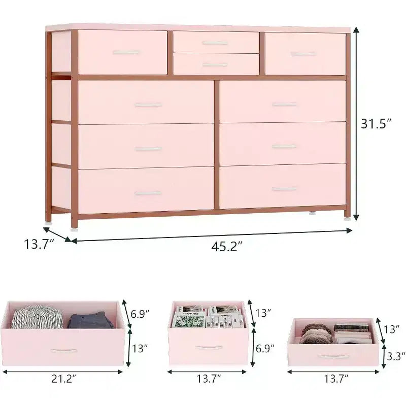 Commode à 10 tiroirs en tissu moderne, meuble de rangement avec plateau en bois et cadre en acier pour chambre à coucher ou couloir