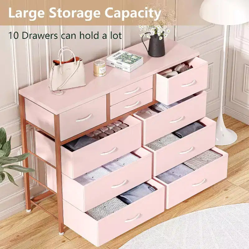 Commode à 10 tiroirs en tissu moderne, meuble de rangement avec plateau en bois et cadre en acier pour chambre à coucher ou couloir