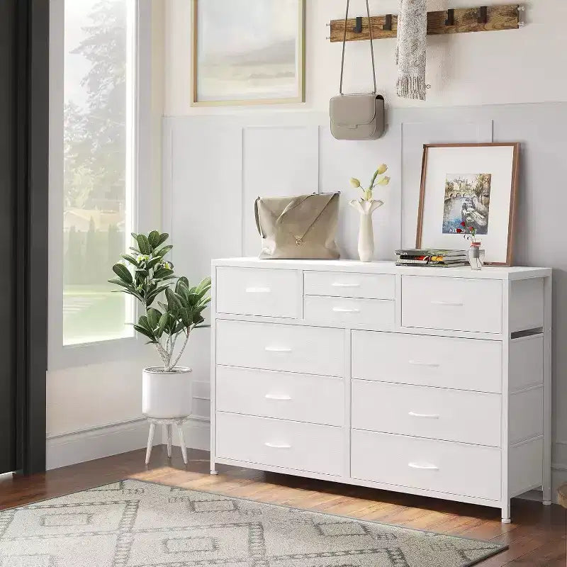 Commode à 10 tiroirs en tissu moderne, meuble de rangement avec plateau en bois et cadre en acier pour chambre à coucher ou couloir