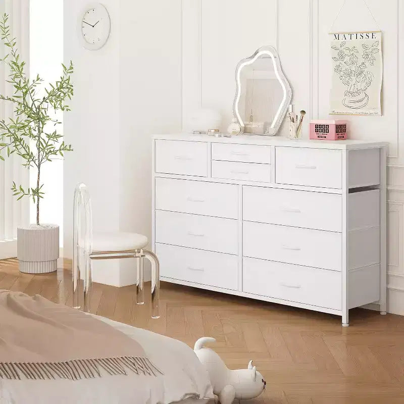 Commode à 10 tiroirs en tissu moderne, meuble de rangement avec plateau en bois et cadre en acier pour chambre à coucher ou couloir