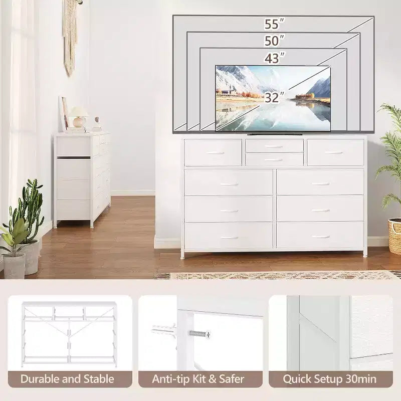 Commode à 10 tiroirs en tissu moderne, meuble de rangement avec plateau en bois et cadre en acier pour chambre à coucher ou couloir