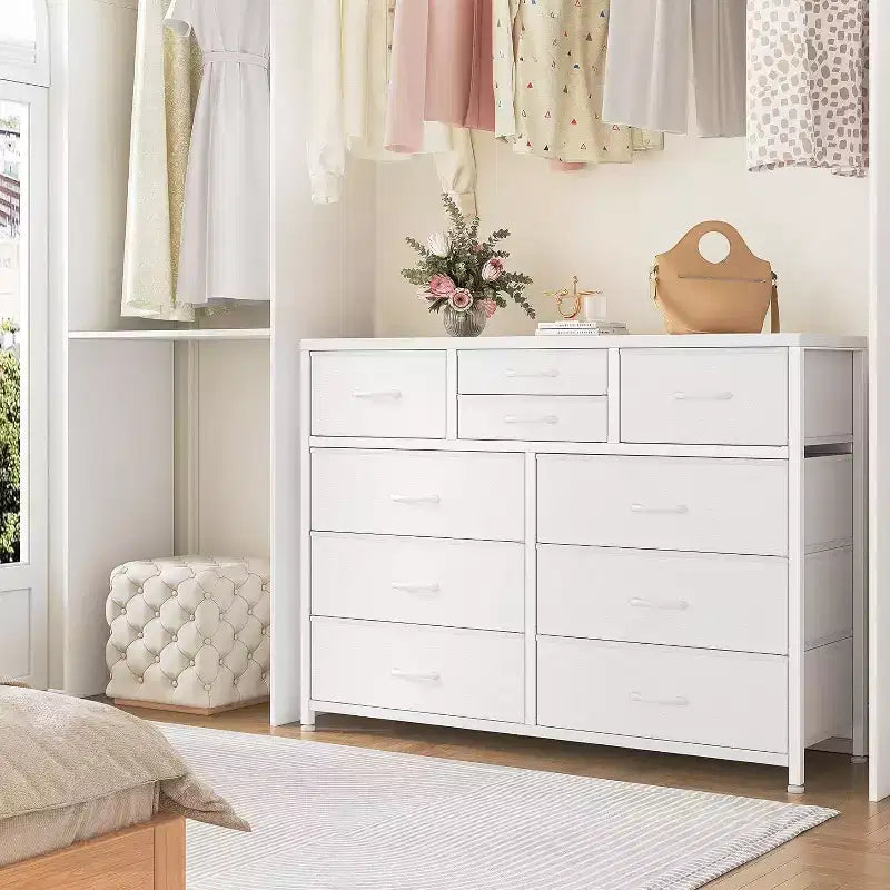 Commode à 10 tiroirs en tissu moderne, meuble de rangement avec plateau en bois et cadre en acier pour chambre à coucher ou couloir