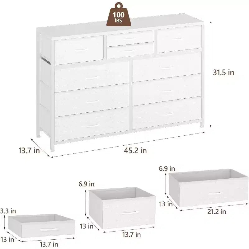 Commode à 10 tiroirs en tissu moderne, meuble de rangement avec plateau en bois et cadre en acier pour chambre à coucher ou couloir