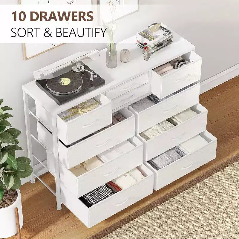 Commode à 10 tiroirs en tissu moderne, meuble de rangement avec plateau en bois et cadre en acier pour chambre à coucher ou couloir