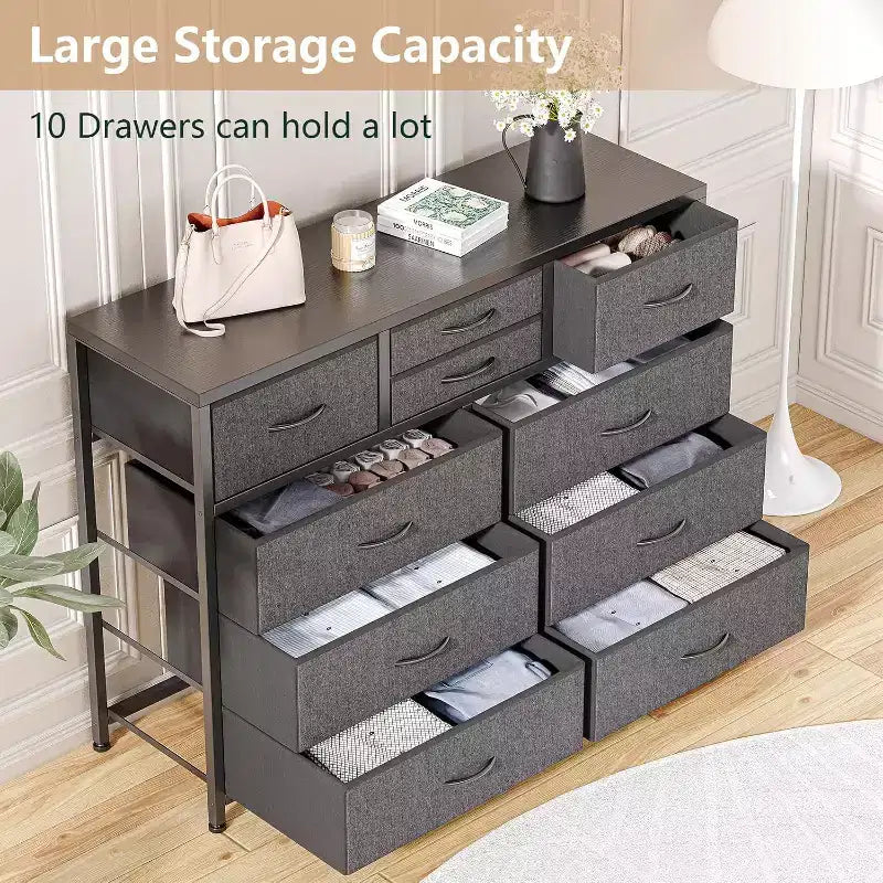 Commode à 10 tiroirs en tissu moderne, meuble de rangement avec plateau en bois et cadre en acier pour chambre à coucher ou couloir