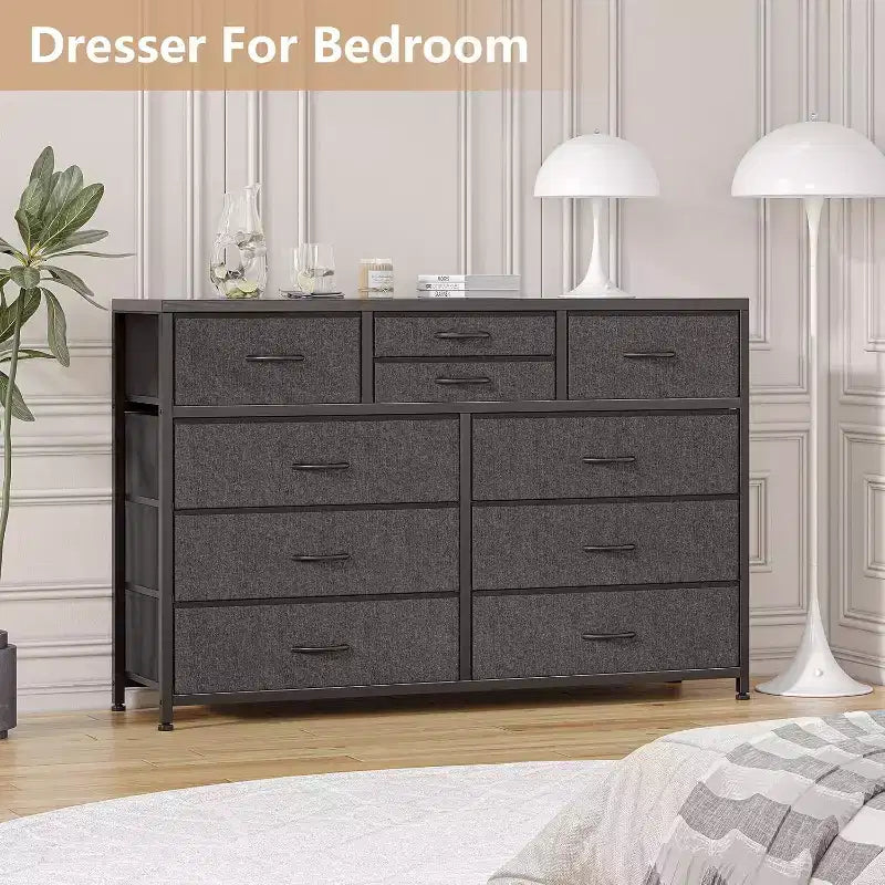 Commode à 10 tiroirs en tissu moderne, meuble de rangement avec plateau en bois et cadre en acier pour chambre à coucher ou couloir