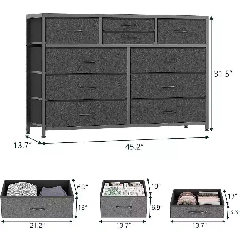 Commode à 10 tiroirs en tissu moderne, meuble de rangement avec plateau en bois et cadre en acier pour chambre à coucher ou couloir