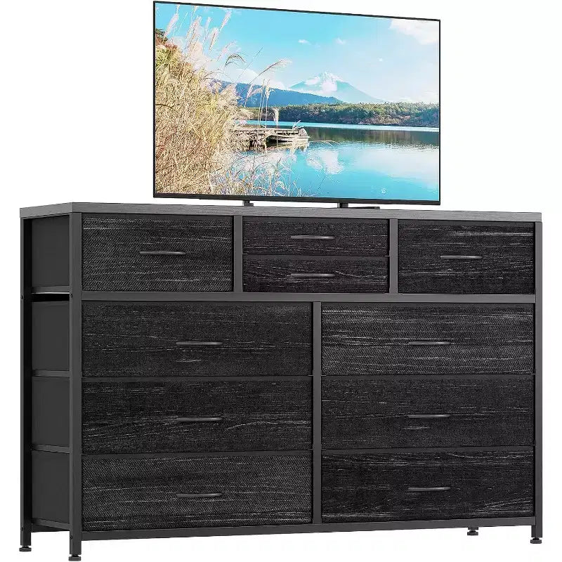 Commode à 10 tiroirs en tissu moderne, meuble de rangement avec plateau en bois et cadre en acier pour chambre à coucher ou couloir