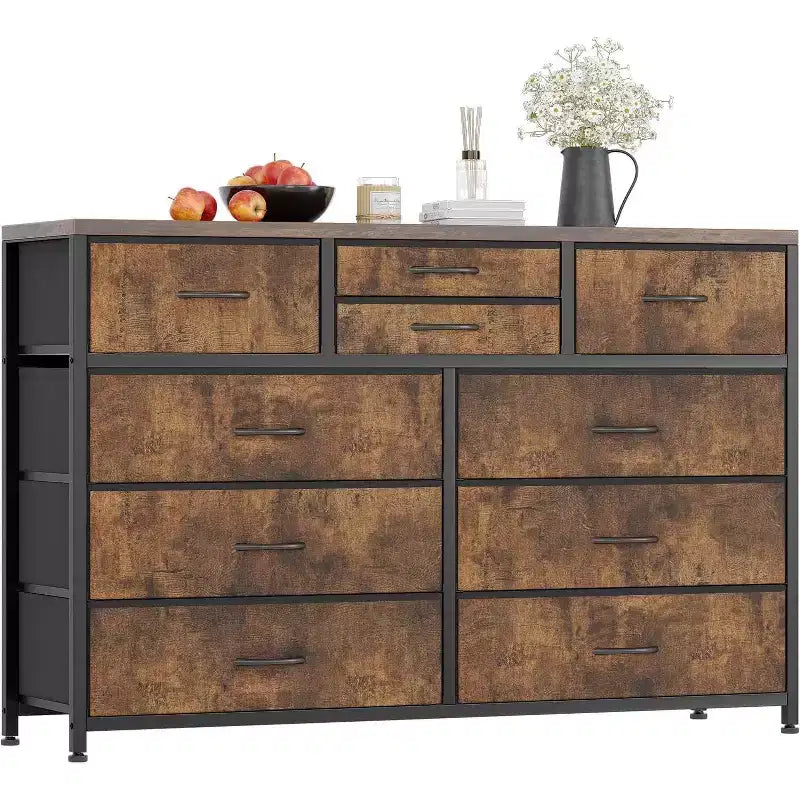 Commode à 10 tiroirs en tissu moderne, meuble de rangement avec plateau en bois et cadre en acier pour chambre à coucher ou couloir
