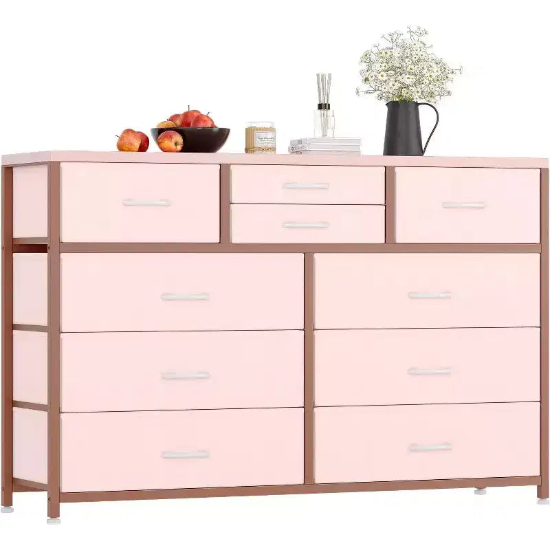 Commode à 10 tiroirs en tissu moderne, meuble de rangement avec plateau en bois et cadre en acier pour chambre à coucher ou couloir