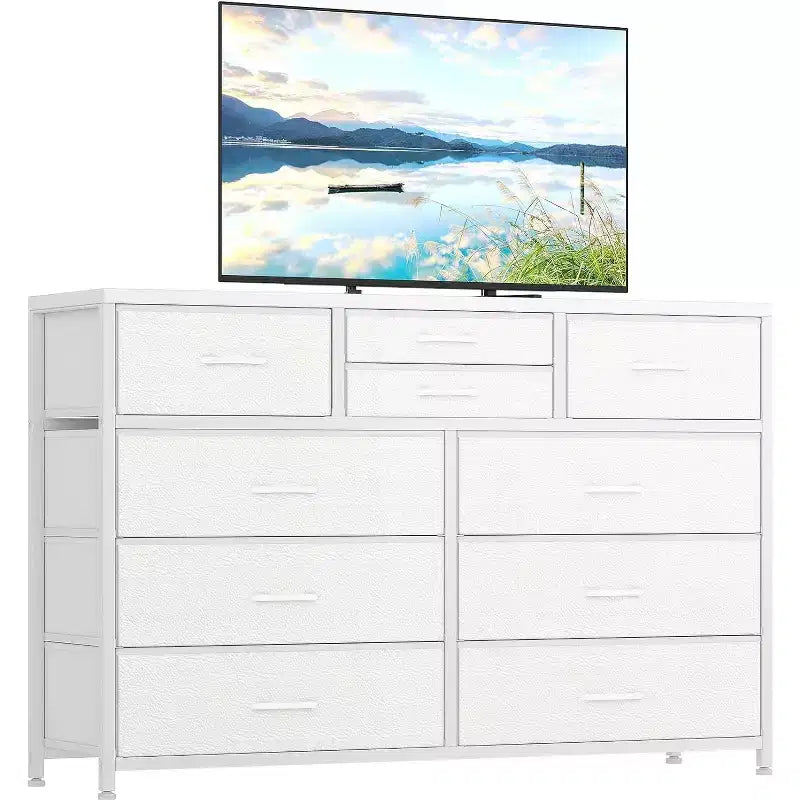 Commode à 10 tiroirs en tissu moderne, meuble de rangement avec plateau en bois et cadre en acier pour chambre à coucher ou couloir