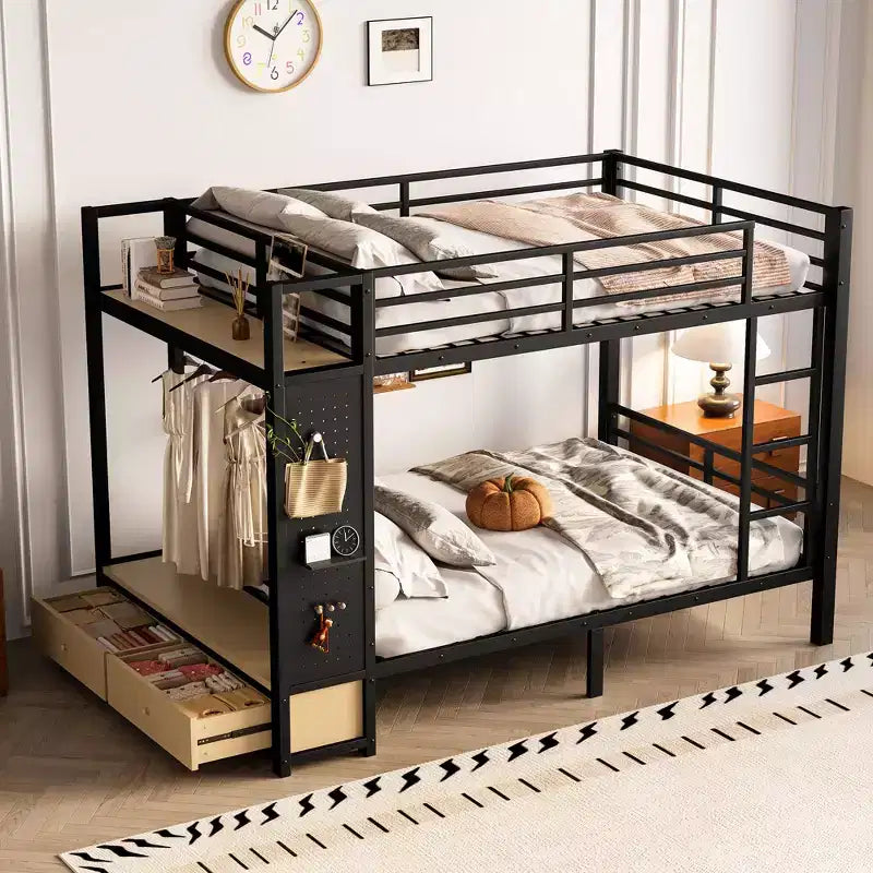 Lit superposé en métal de taille Queen sur Queen pour adolescents avec étagères de rangement, tiroirs et panneau perforé, noir
