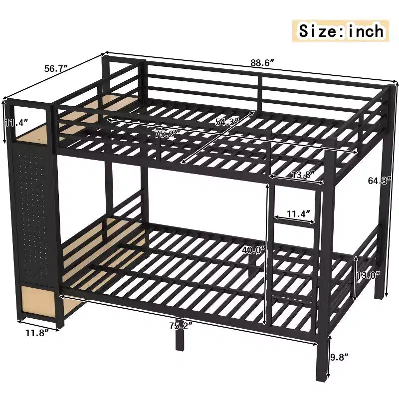 Lit superposé en métal de taille Queen sur Queen pour adolescents avec étagères de rangement, tiroirs et panneau perforé, noir